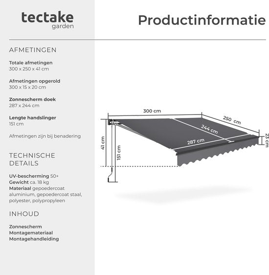 tectake® Sonnenschirm mit Gelenkarm - 300 x 250 cm - Markise - Sonnenschutz für Fenster, Balkon, Außenbereich - Wandmontage - Wasser- und UV-beständig - Dunkelgrau