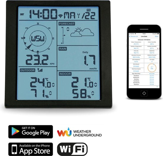 Alecto WS5200 - Professionelle WiFi-Wetterstation mit Außensensor - App-Steuerung - 6-in-1