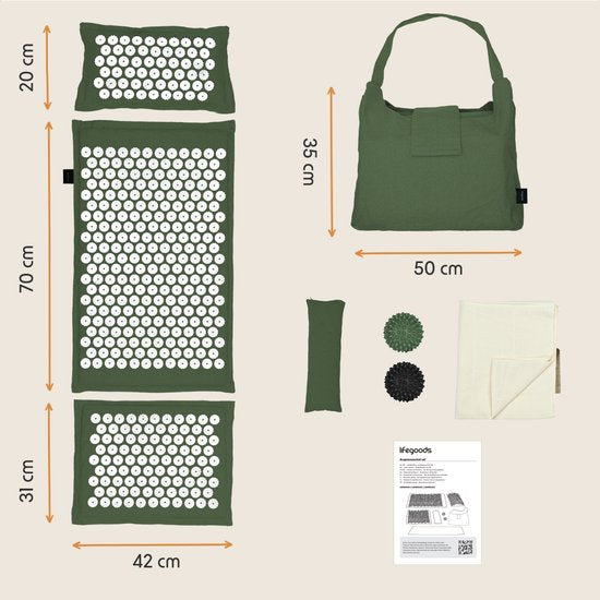 LifeGoods Akupressurmatte Eco - Komplettset - Kissen / Tragetasche / 2x Triggerpunktball - Shakti-Matte - Nagelmatte - 72x43x2cm - Grün/Weiß