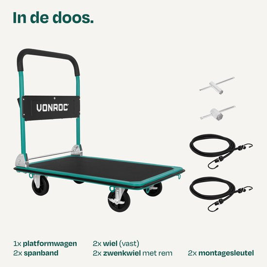 VONROC Plattformwagen - klappbar - Tragfähigkeit max. 300 kg - große Ladefläche 90x60 cm - Transportwagen - inklusive Zurrgurte