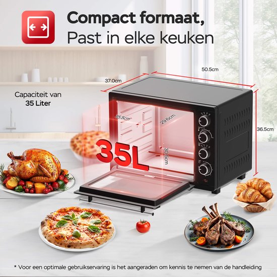 TurboTronic EV35 Freistehender Backofen 35L - Mini-Backofen - Elektrobackofen - Schwarz