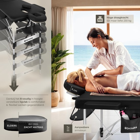 tectake 3 Zonen Massageliege - Behandlungsliege inkl. Tragetasche - 5 cm starke Polsterung - Aluminiumrahmen - 78 cm breit - 230kg Belastbarkeit - Inkl. 15 Kopfstützen - Schwarz
