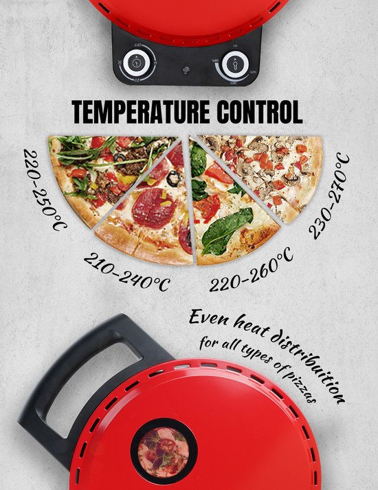 Bestron Turbo-Pizzaofen für Pizzen in 5–10 Minuten, elektrischer Pizzaofen mit einer tatsächlichen Höchsttemperatur von 320 °C, inklusive Pizzastein und 2 großen Holzspateln, Viva Italia, Farbe: Rot