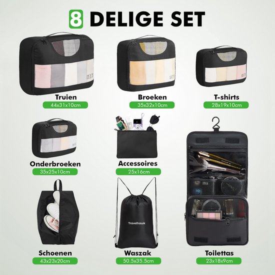 Travelhawk Packing Cubes - Koffer-Organizer-Set - Kleidung - Gepäck-Organizer - 8 Stück - Schwarz