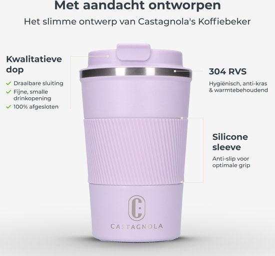 Castagnola Thermos Cup - Kaffeebecher To Go - Reisebecher für Kaffee und Tee - Teebecher - 380 ML - Edelstahl - Light Purple