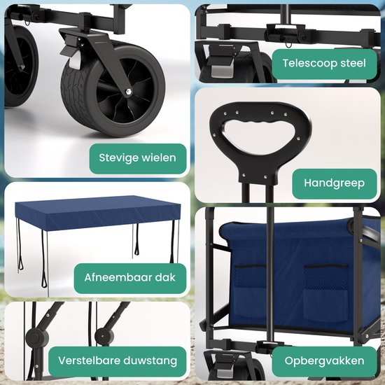Avalo Bolderkar mit Dach XL faltbar - bis zu 110KG Tragfähigkeit - 120L - 97x60x105 CM - 360º Räder - Bolderwagen / Bolderwagen / Strandwagen / Trekkingwagen / faltbarer Bolderkar - Für Strand - Blau