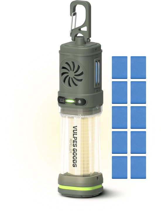 Vulpes Goods® Repeller - 3-in-1 Mückenvertreiber - Wiederaufladbare Mückenlampe, Powerbank & Licht - Für Reisen, Camping, Wandern - Innen & Außen - 400LM - Magnetisch - Inkl. 10 extra Duftpads