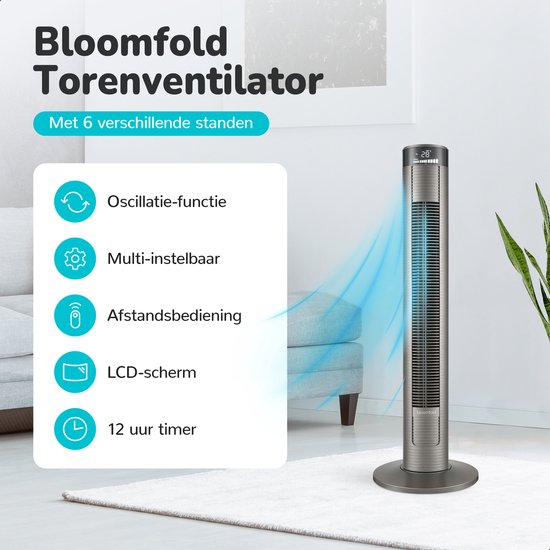 Bloomfold Turmventilator – 3 Geschwindigkeiten – 90° Oszillation – Mit Fernbedienung & Timer – 96 cm – Schwarz