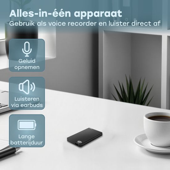 Audyn Voice Recorder - 200 Stunden Audioaufnahme - Fernabhörgerät - Diktiergerät - 360° HD-Aufnahmen - 16GB - Schwarz