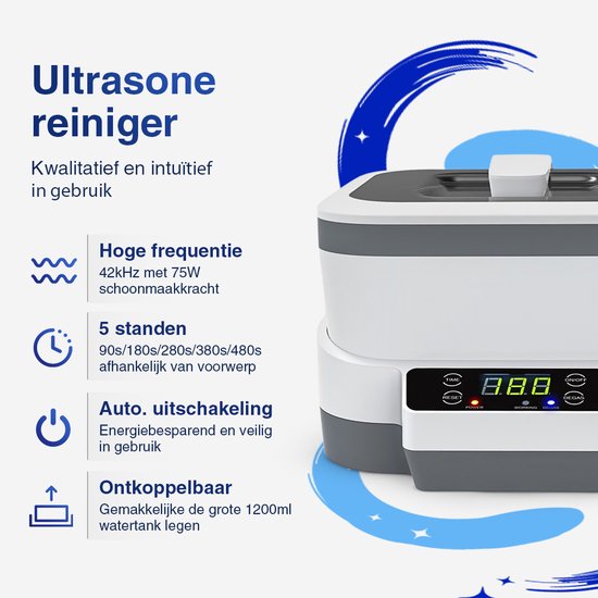 Samako Ultraschallreiniger PowerWave - Ultraschallbad - Gläser - Schmuck - Uhren - Make-up Pinsel - 1200 ml