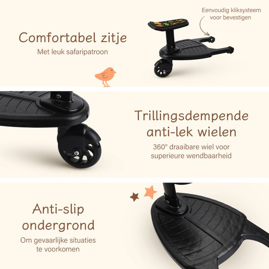 Safari Aufsitzbrett - Einzelrad - Für horizontale Achse mindestens 23 cm - Durchmesser max. 2,5 cm - Schwarzer Kunststoff & Metall - Wendig & Universell - Ideal für Kleinkinder