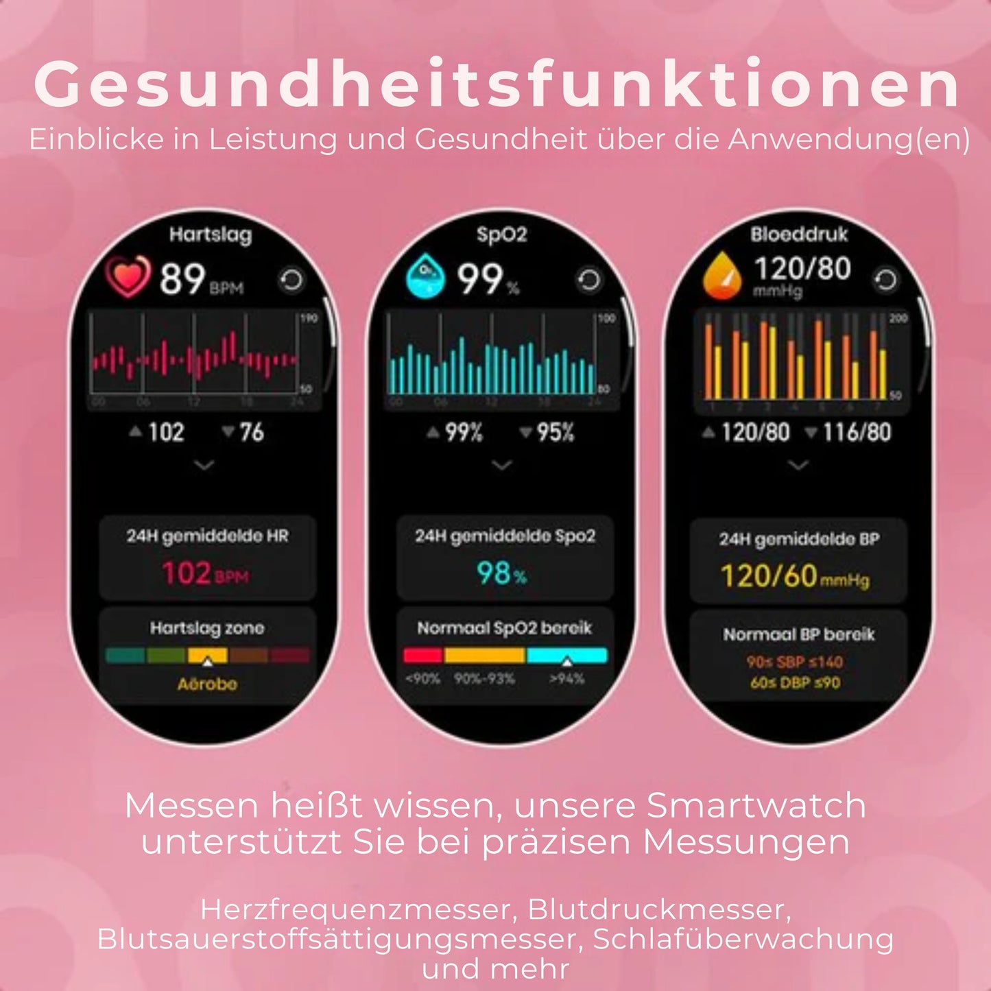 Maoo Ventura AMOLED Smartwatch - Damen - Edelstahl und 3x Silikonband - Schrittzähler - Herzfrequenzmesser - Schlafüberwachung - Multisport - Für Android und iOS - Schwarz