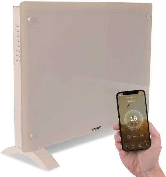VONROC Luxury electric heater - Konvektorheizung mit Glasscheibe - 750W/1500W - Beheizt Räume bis zu 18m2 - Gesteuert sowohl mit App (über Wifi) als auch manuell - Einstellbarer Thermostat und Timer - Beige