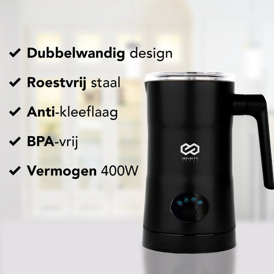 Infinity Goods 4-in-1 Elektrischer Milchaufschäumer - 350 ml - Aufschäumen und Erhitzen - Cappuccino - Spülmaschinenfest - Schwarz