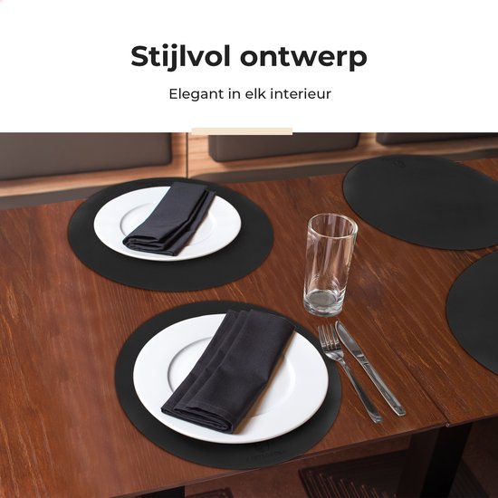Castagnola Platzsets in Lederoptik - Runde Platzsets - Rutschfeste Kunstleder-Platzsets - Wasserabweisende Untersetzer - Untersetzer - 6 Stück - Durchmesser 38 cm - Schwarz