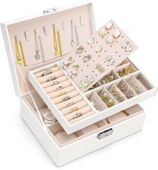 Vimora Schmuckkästchen mit extra Boden - Weiß - Schmuckkästchen - Schmuckkästchen - Für Erwachsene, Mädchen, Männer & Frauen - Geeignet für Halsketten, Ohrringe, Armbänder & Ringe