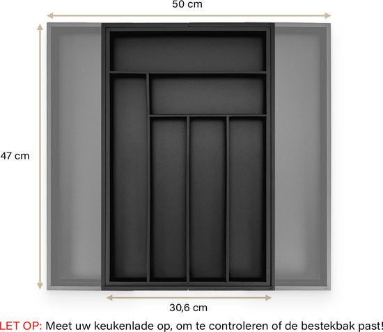 Budu Extendable Bamboo Cutlery Tray #47 (47 cm tief) - Schwarz - Besteckkassette Holz - Besteckschublade - 47 x 30.6 - 50 cm - 6/8 Fächer