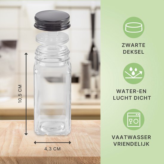 S.old - 24 Glasgewürzdosen quadratisch mit Deckel schwarz - Gewürzstreuer - Komplettset mit Streudeckeln, vorgedruckten Aufklebern und Trichter - Fassungsvermögen 120 ml - 10,5 x 4,3 cm