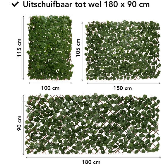 Brixy Künstliche Hecke Solar - Led - Ausziehbar - 180 x 90 cm - Künstlicher Efeu - Künstliche Pflanzen für den Außen- und Innenbereich - Pflanzenimitation - Künstlicher Efeu - Ausziehbar - Licht - Beleuchtung