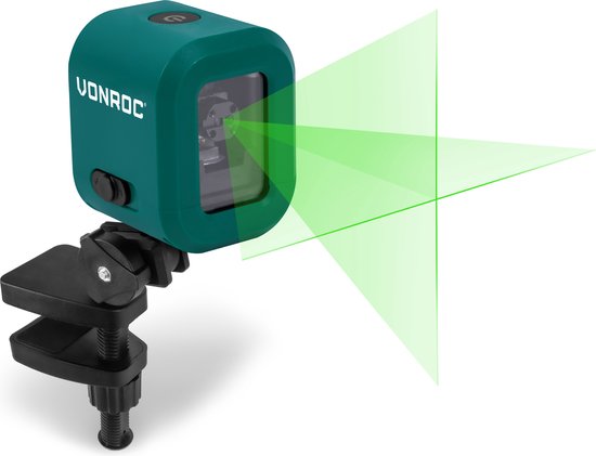 VONROC Kreuzlinienlaser- Grün - 4V Akku- 1800mAh - Selbstnivellierend - 18 Meter Reichweite - Inkl. Halterung, USB-C Kabel & Aufbewahrungstasche