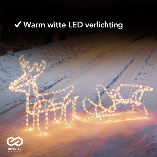 Infinity Goods Rentier mit Schlitten - Weihnachtsbeleuchtung - Outdoor Indoor LED Figur - Weihnachtsdekorationen - 3D Lichtergirlande - Weihnachten - Warm White