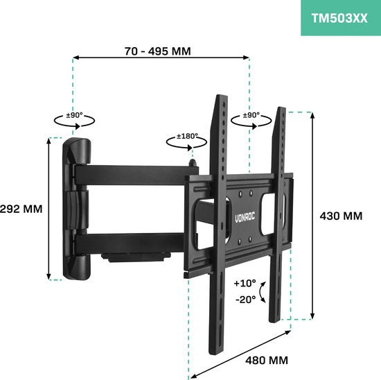VONROC TV-Halterung - Dreh- und neigbar für 32 bis 75 Zoll - Universal bis 50 kg. - Inkl. Befestigungsmaterial