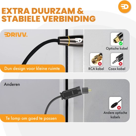 Drivv. Premium Toslink Optisches Kabel Nylon - Optisches Audiokabel - Stecker auf Stecker - 3 Meter - Schwarz