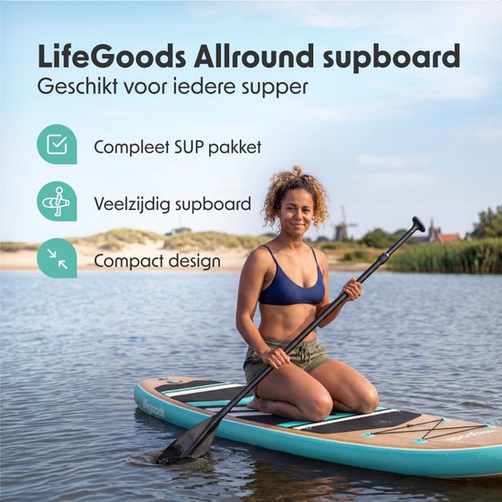 LifeGoods PaddlePro SUP Board - mit Sitz - Aufblasbares Paddle Board - Komplettset - Max. 150KG - 320x81cm - Holz/Mintgrün