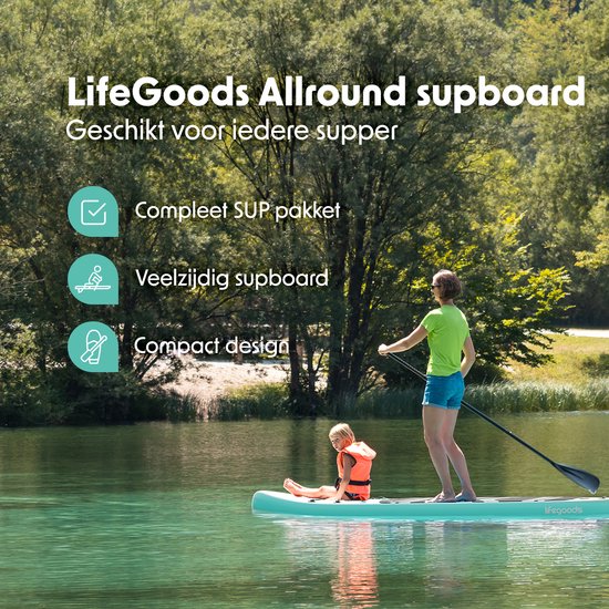 LifeGoods PaddlePro SUP Board - Aufblasbares Paddle Board - Komplettset - Max. 135KG - 320x81cm - Pastellgrün