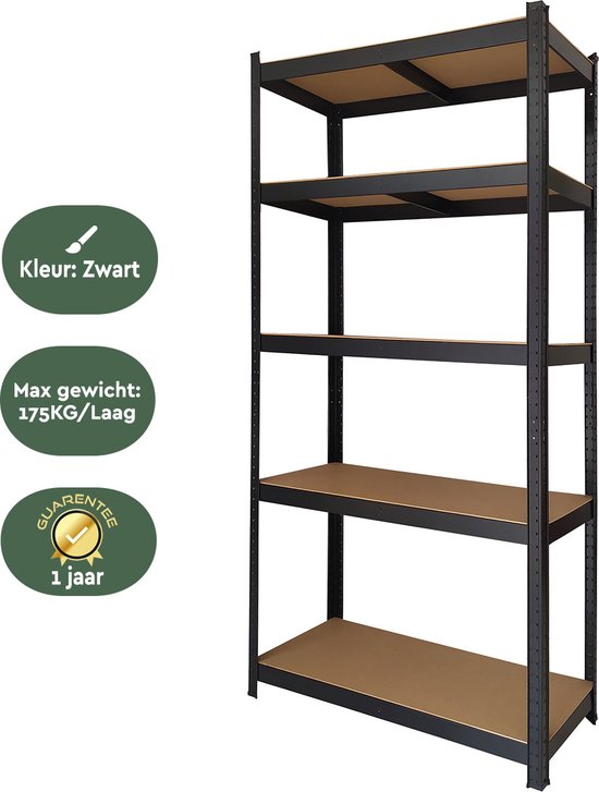 BRASQ Schwarzer Metallregalschrank - Aufbewahrungsregal - Wandschrank - Aufbewahrungsschrank 180x90x40cm - 5 Ebenen - Schrank 175 KG/Regal - 875 KG max