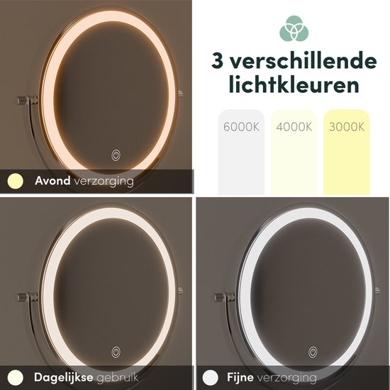Nolt Make-up-Spiegel mit LED-Beleuchtung - 1X/10X Vergrößerungsspiegel - Rasierspiegel - Eitelkeitsleuchte - 3 Lichtmodi - wiederaufladbar - Silber