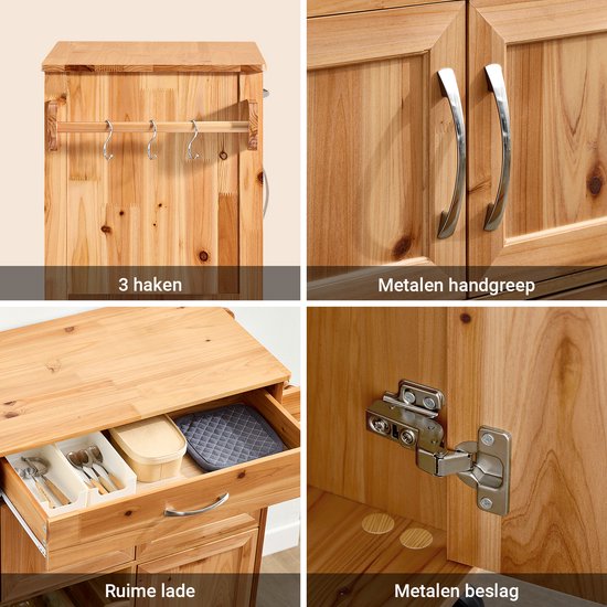 SoBuy Küchenwagen - Mit Schubladen und Weinregal - Mit Rädern und Arbeitsplatte - Kompakt - 66×38×86 cm - Naturfarbe