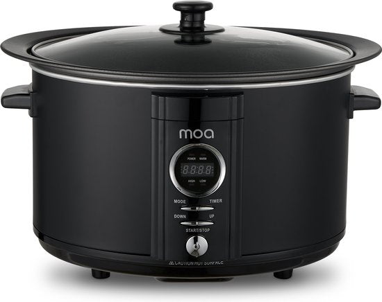 MOA Slowcooker mit Timer - 6,5L - Ø 24,5cm - Aluminium Innenbehälter - Transparenter Deckel - 3 Heizstufen - Spülmaschinenfest - BPA-frei - Schwarz