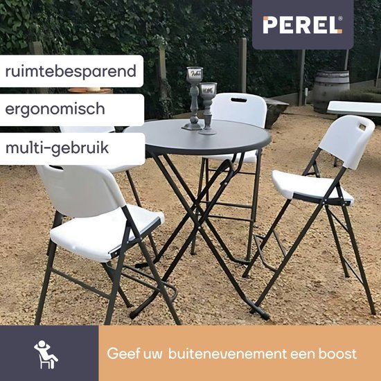 Perel Weißer Indoor- und Outdoor-Hochklappstuhl, Barhocker, mit Rückenlehne und Fußstütze, Kunststoff, platzsparend, ideal für Events, Partys und Catering, mit Stahlgestell und wetterfester Sitzfläche, 45 x 77 x 114 cm