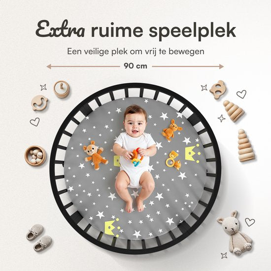 Flowsense Baby Box - Runder Laufstall - Bodenbox - Laufstall - mit Matratze - höhenverstellbar - Rollen - Schwarz