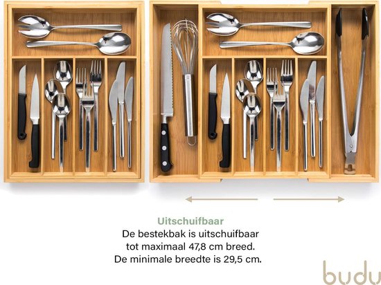 Budu Extendable Bamboo Cutlery Tray #38 (38 cm tief) - Besteckkassette Holz - Besteckschublade - 38 x 29,5 - 47,8 cm - 5/7 Fächer