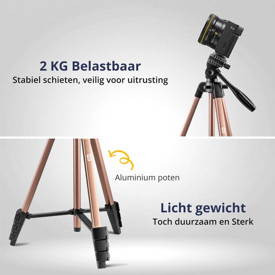 Studio ME Telefonstativ - 136 cm - Stativ Smartphone - Rose Gold - Kamerastativ - Telefonhalterung - Inkl. Bluetooth-Fernbedienung - Stativ Telefon