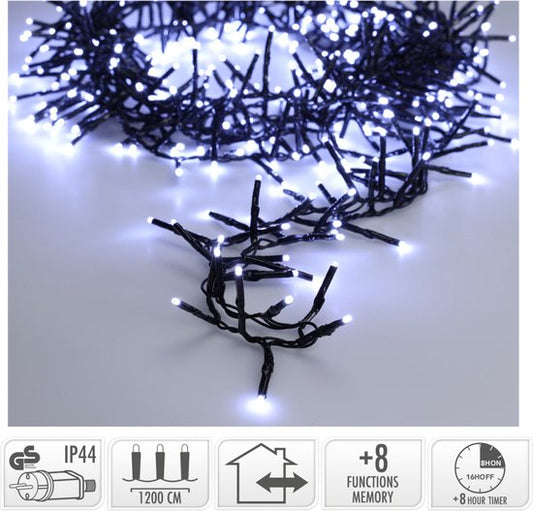 Maxi Cluster Weihnachtsbeleuchtung - 800 led - 12m - (Eis) weiß - Timer - Lichtfunktionen -Outdoor-Indoor Memory