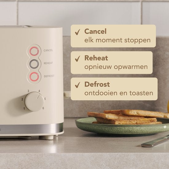 KitchenBrothers Toaster - Toaster - 6 einstellbare Wärmestufen - 2 extra breite Schlitze - 870W - Beige
