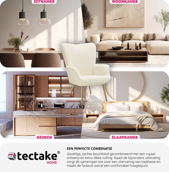 tectake Ohrensessel im skandinavischen Stil - Teddy Chair Hygge - Sessel für Wohnzimmer, Schlafzimmer - Loungesessel - Goldfarbene Metallbeine - Belastbarkeit bis 150 kg - Creme