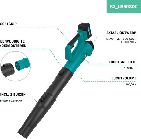 VONROC Accu Laubbläser 20V - Axialmodell - Luftgeschwindigkeit 129 km/h - Luftmenge 7m3/min - Inkl. 4.0Ah Akku und Schnellladegerät