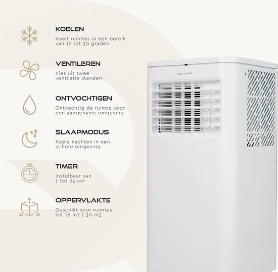 BRASQ 3-in-1 Mobiles Klimagerät – 9000 BTU – Inkl. Fensterdichtungsset & Fernbedienung – Für Räume bis 16 m² – Weiß