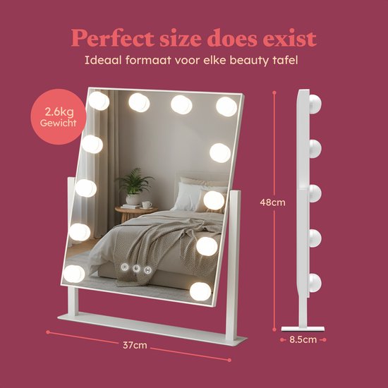 Fraay® Hollywood Spiegel mit Beleuchtung 41x30cm - 3 Lichtstufen - Schminkspiegel mit 10-facher Vergrößerung - LED-Beleuchtung dimmbar - inkl. Beauty Blender und Puderquaste