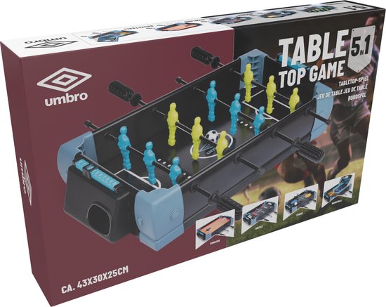 Umbro Tischfußballtisch Modell - 5-in-1 Tischspiel - 40 x 30 x 25 CM - Tischfußballspiel - Fußball, Hockey, Basketball, Tennis und Bowling - Schwarz/Blau