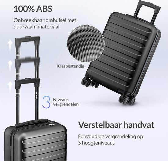 Nohrd Handgepäck Koffer - Schwarz - Reisekoffer mit Rädern - 55x35x20 cm - Handgepäck Trolley Leichtgewicht - Reisekoffer - Trolley mit Rädern - Koffer