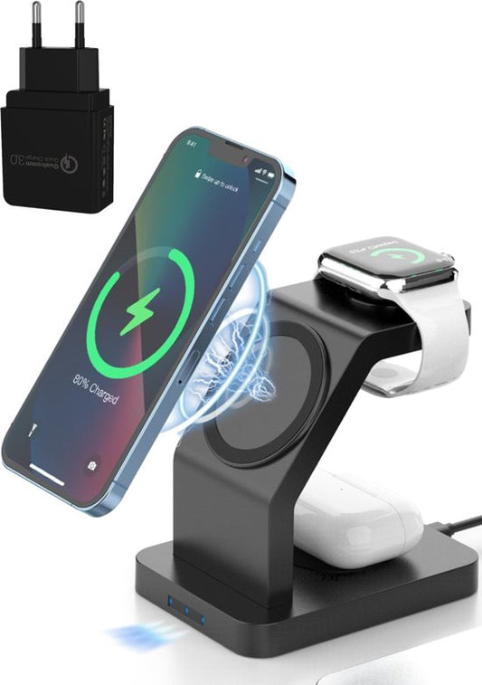 iSETCHI - Kabelloses Qi & Magsafe Ladegerät 3-in-1 - 15 Watt - Schwarzer Kunststoff - Inklusive QC 3.0 Adapter - Für iPhone, Apple Watch & Airpods - Organisierter Arbeitsplatz