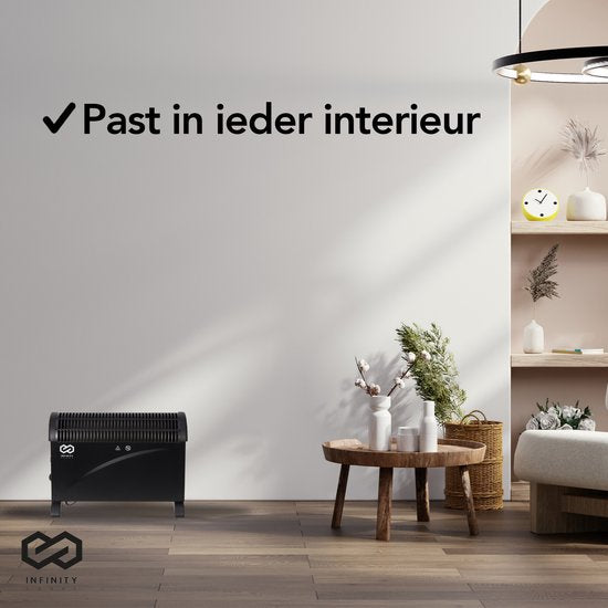 Infinity Goods - Elektrischer Konvektor - Turbofunktion und Gebläse - 750 / 1500 / 2000W - Einstellbarer Thermostat - Heizkörperheizung - Überhitzungsschutz - 35m² - Schwarz