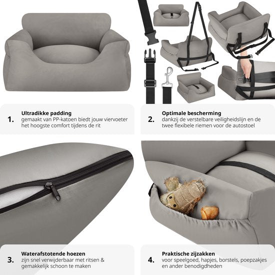 Tectake Hundeautositz Milow - Mit Sicherheitsleine - Fürs Auto - Hundekorb - Bequem und sicher - 55x50x29cm - Grau