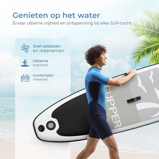 Supper Sup Board - Max. 120KG - Aufblasbar - Paddle Board - Pumpe - Finne - Leash - Tragetasche - 285 x 76 cm - Schwarz