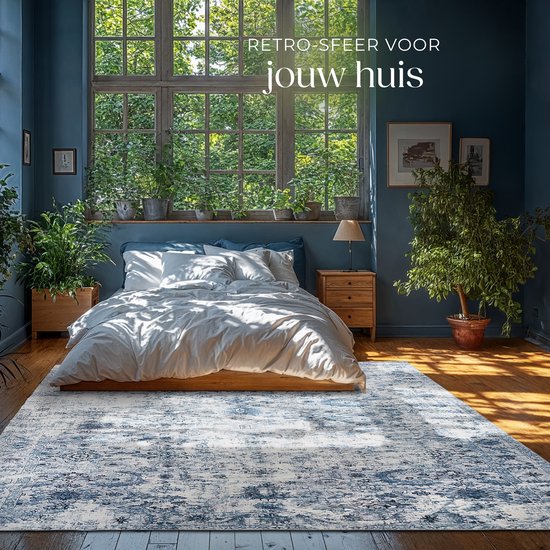 tectake Teppich im Vintage-Design - Niederflorteppich - Boho-Teppich - Für Wohnzimmer, Schlafzimmer, Kinderzimmer oder Jugendzimmer - Waschbar - 240cm x 340cm - blau